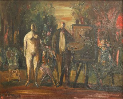 une peinture à l'huile représentant un homme debout devant un chevalet