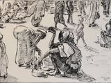 dessin représentant un groupe de personnes rassemblées autour d'un homme tenant un seau