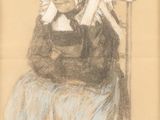 dessin représentant une vieille femme assise sur une chaise, avec un chat sur les genoux