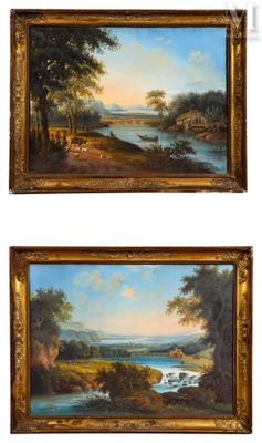 two paintings of a river and a wooded landscape