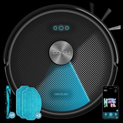un aspirateur robot noir et bleu à côté d'un téléphone portable