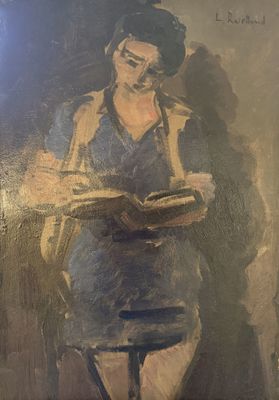 an oil painting of a man reading a book on a stool
