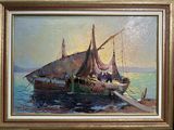 une peinture représentant un bateau dans l'eau avec des personnes à bord