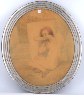 un tableau représentant une femme nue assise par terre