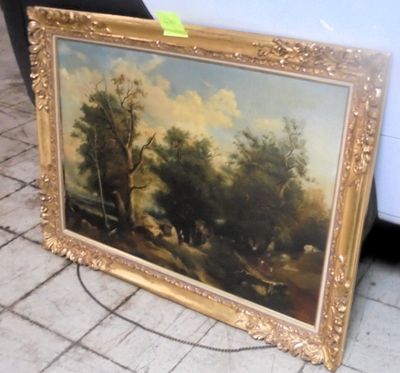 Huile sur toile : « Paysanne avec troupeau de vaches et sous…
