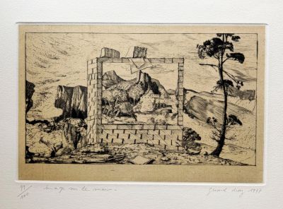 une image représentant un dessin d'un mur de pierre avec un arbre au premier plan