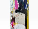 an abstract painting on a white wall with a black and yellow background