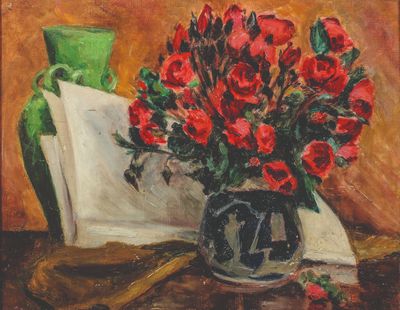 une peinture de fleurs dans un vase sur une table