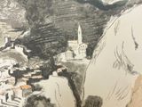 a drawing of a cat sitting on a rock