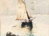 a painting of a sailboat on the water with a city in the background
