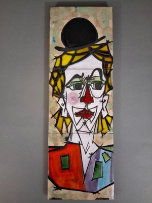 painting on the wall of a room with a painting of a man on a skateboard