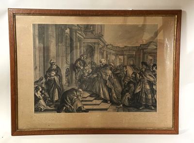 an old picture of a painting of a group of people in front of a building