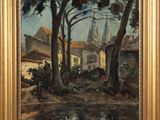 un tableau représentant un village avec des arbres et une église en arrière-plan