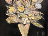 a painting of flowers in a vase on a table