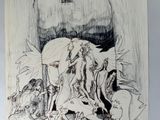 a black and white drawing of a woman on a horse