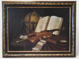 painting of a violin and a book on a table with a globe in the background