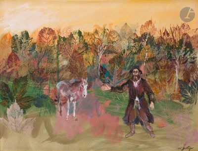 painting of a man with a horse and a cow in a field