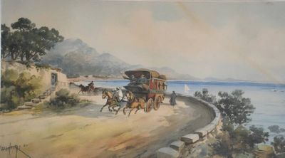 un tableau représentant une calèche tirée par des chevaux sur la plage
