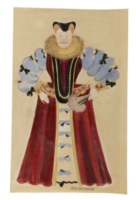 une image représentant un tableau d'une femme vêtue d'une robe rouge et bleue