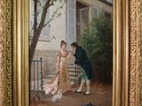 tableau représentant un homme embrassant une femme devant une maison