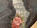 painting of a woman in a white dress with a rose in her hand