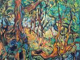 un tableau représentant une scène de forêt avec des arbres et un ruisseau