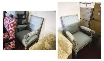 two pictures of a chair and a chair in a room