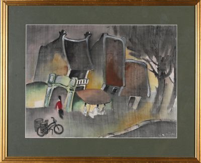 tableau représentant une femme marchant dans la rue avec un vélo devant un immeuble