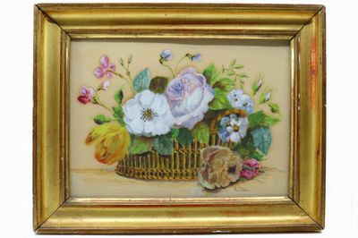 a picture of a painting of flowers in a basket