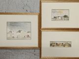 three framed watercolor paintings of a beach scene with people on the beach