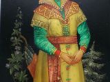 a picture of a painting of a woman in a yellow dress