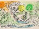 drawing of a boat with people on it in a body of water with a green moon in the background