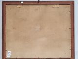 painting on the wall of a white room with a brown frame