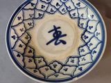 a blue and white plate with a chinese writing on it