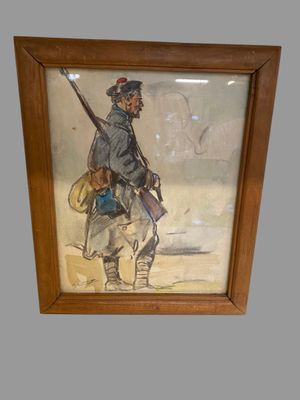 tableau représentant un homme armé d'un pistolet et coiffé d'un chapeau, à cheval