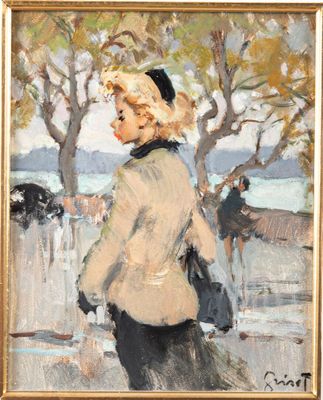 un tableau représentant une femme marchant dans une rue, avec des vaches en arrière-plan