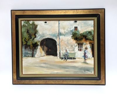 painting of a man sitting on a bench in front of a building