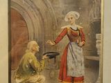 a painting of a woman holding a frying pan in front of a man