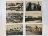several old black and white photos of buildings and people in front of them