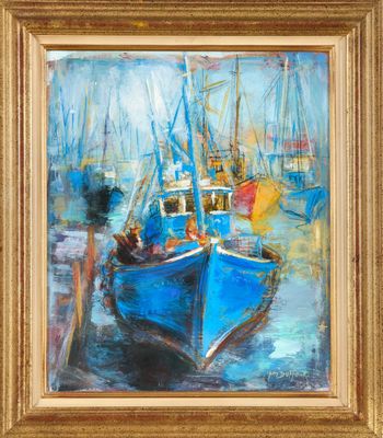 une peinture à l'huile représentant un bateau bleu amarré à un quai