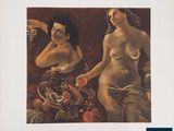 un tableau représentant deux femmes avec des fruits sur une table
