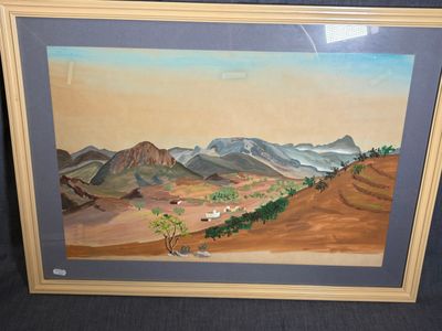 an oil painting of a desert scene with mountains in the background