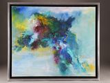 abstract painting of blue and yellow flowers in a silver frame
