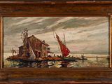 an oil painting of boats in a body of water with a building in the background