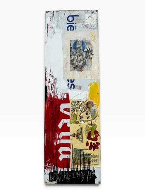 painting on a white background of a street sign with graffiti on it