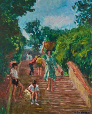 une peinture à l'huile représentant une femme descendant un escalier, un panier sur la tête