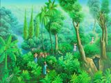 tableau représentant une scène de jungle avec des personnages et des animaux au premier plan