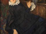 a painting of a woman in a black dress sitting on a couch