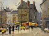a painting of people walking down a street with umbrellas