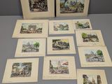 six reproductions encadrées représentant une scène urbaine avec une tour horloge en arrière-plan
